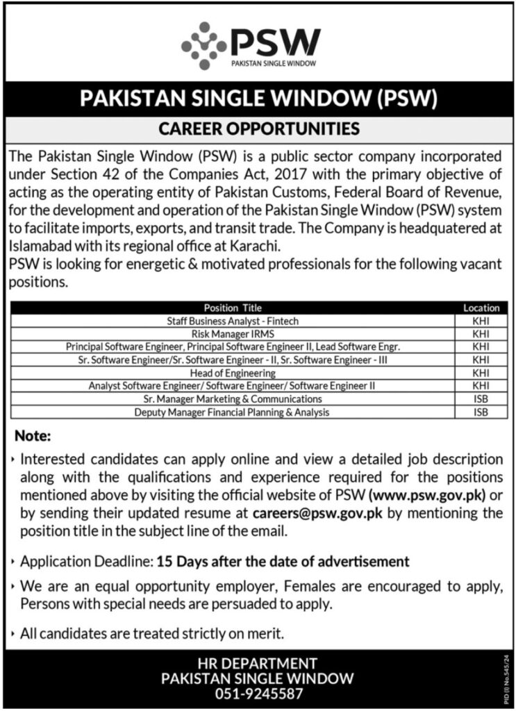 PSW Pakistan Single Window Jobs 2024